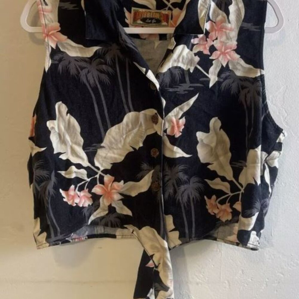 Caribbean Joe Let Go Hawaiian Tropical Floral Blouse XL Button Up Sleeveless
